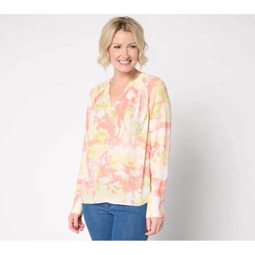 BEAUTIFUL by Lawrence Zarian Women's Top Sz M V-Neck Pleat Detail Pink A682682